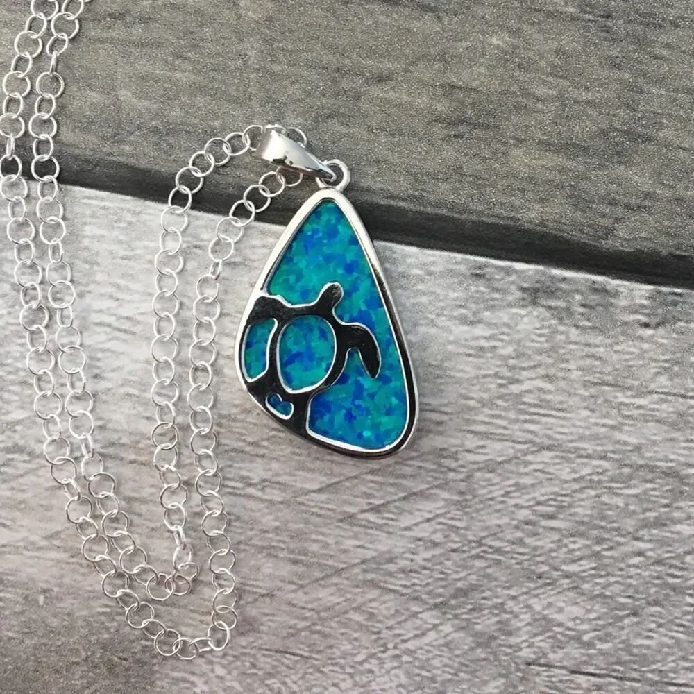 Sterling Silver Lab opal Turtle Necklace